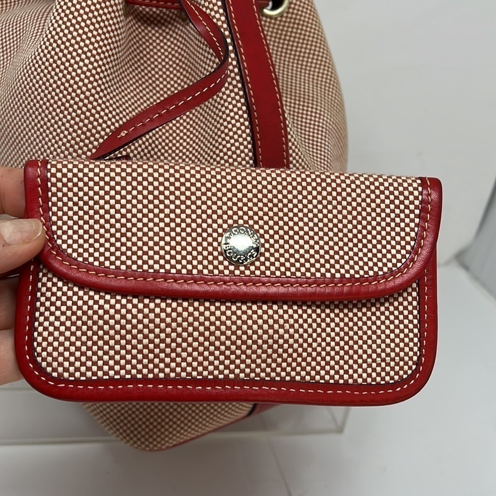 Dooney and Bourke Red Beige Canvas Leather Drawstring Shoulder Bucket Bag - Picture 10 of 16